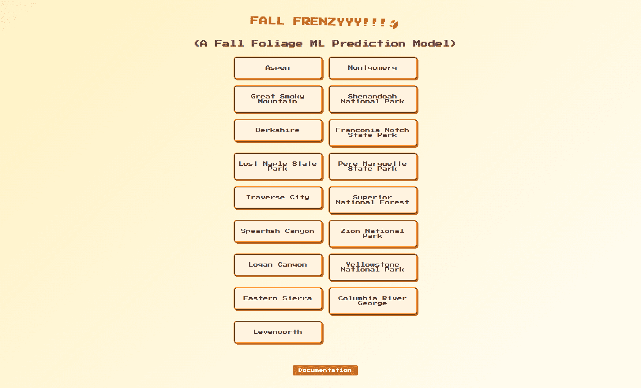 Fall Foliage prediction app location and weather input screen